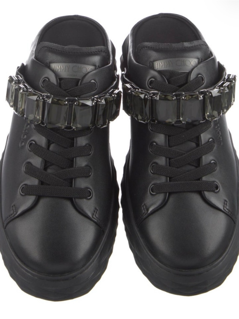 Jimmy Choo Diamond Sling
Black Nappa Leather Slipper Trainers with Crystal Strap